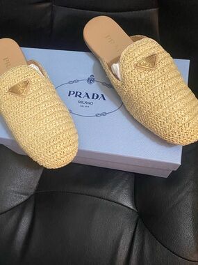 Prada Natural Beige Raffia Slide Mules with Triangle Logo